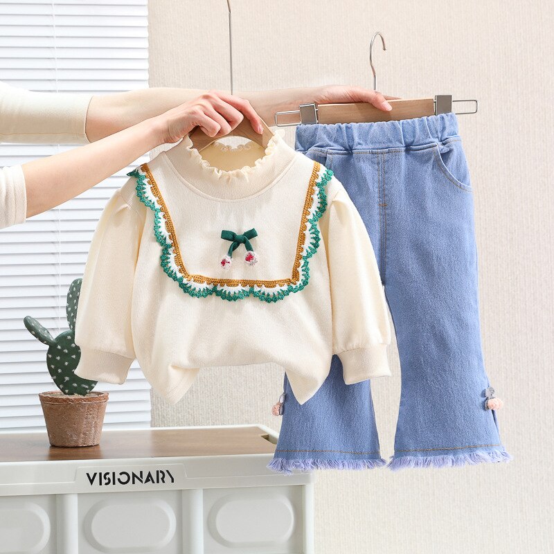 2PCS Clothes Set Long Sleeve Embroidery Lace Sweatshirt Washed Jeans Pants