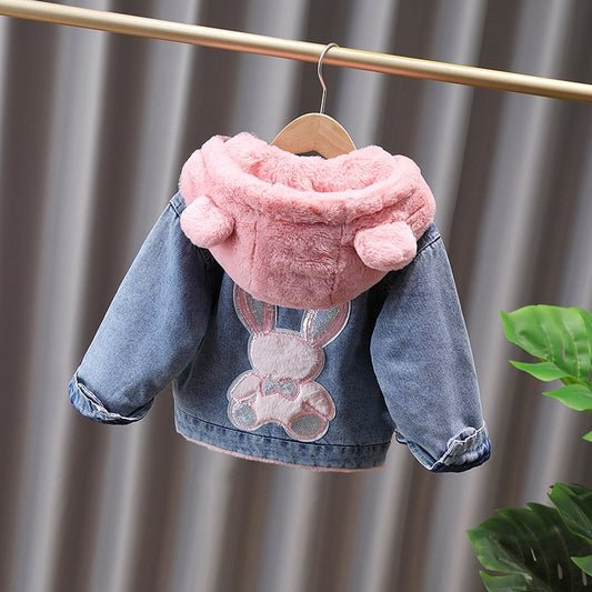 Denim Jacket Bow Fur Hooded Velvet Thicked Baby Outerwear