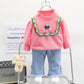 2PCS Clothes Set Long Sleeve Embroidery Lace Sweatshirt Washed Jeans Pants