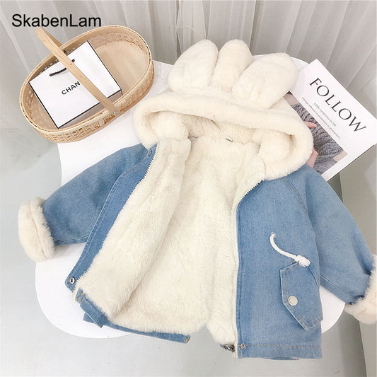 Denim Jacket Thick Warm Coat  Rabbit Ear Hooded Velvet Outerwear