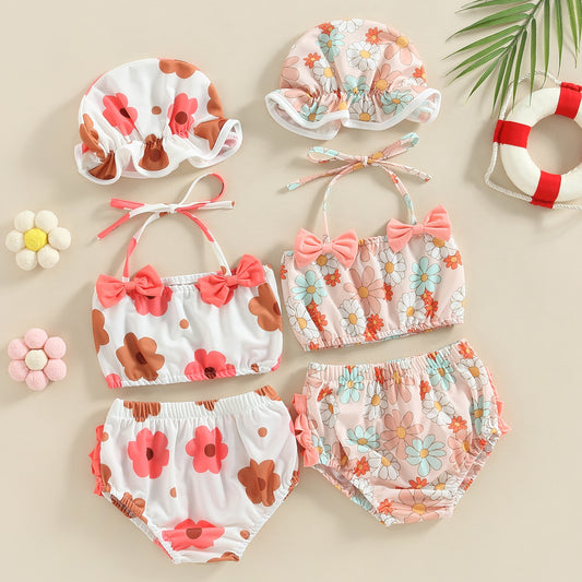 Floral Print Halter Bikini Set Bathing Suit with Swim Cap